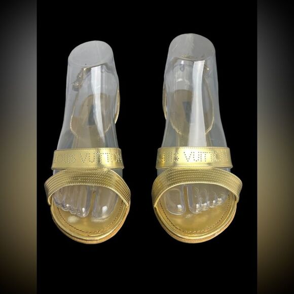Rare Louis Vuitton Gold Slingback Sandals w/3.5” Stacked Wood Heel Size 38/US 7 - Picture 8 of 15